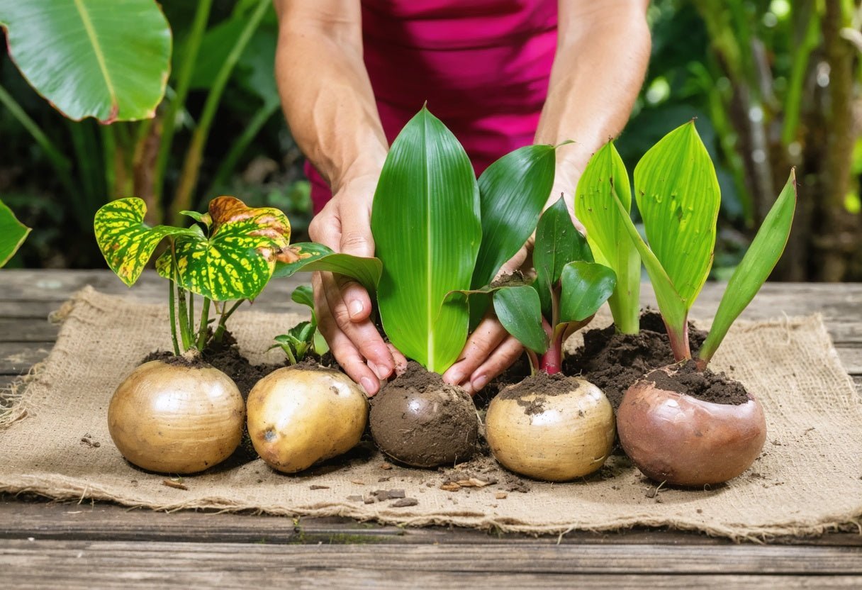 Hands planting fall bulbs with vibrant green shoots—fall planting bulbs for your Caribbean home garden success