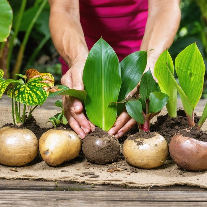Hands planting fall bulbs with vibrant green shoots—fall planting bulbs for your Caribbean home garden success