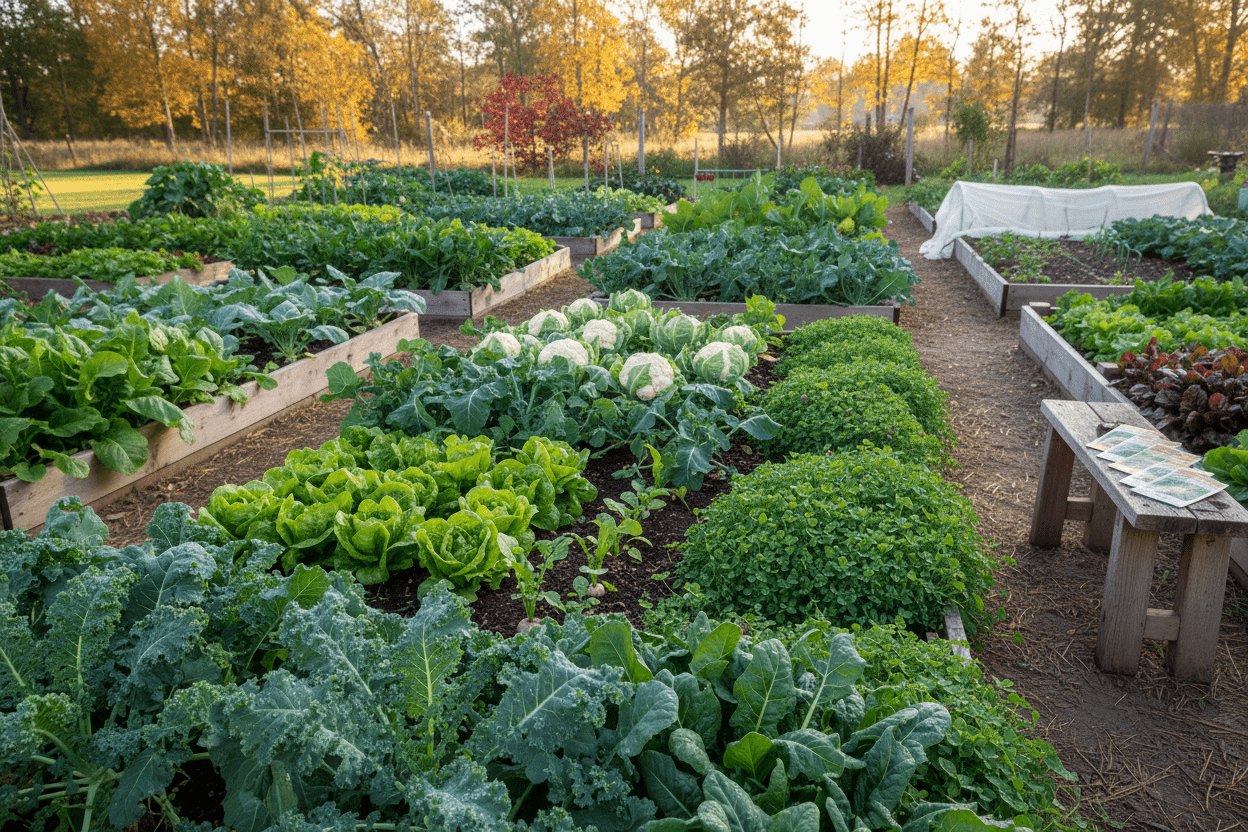 Lush raised beds filled with leafy greens and vegetables showcasing fall planting ideas for home gardeners