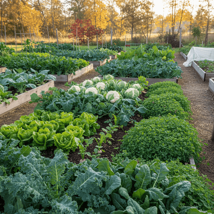 Lush raised beds filled with leafy greens and vegetables showcasing fall planting ideas for home gardeners