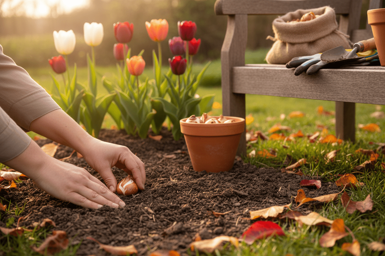 Hands planting tulip bulbs in autumn soil for fall planting tulips in a colorful backyard garden
