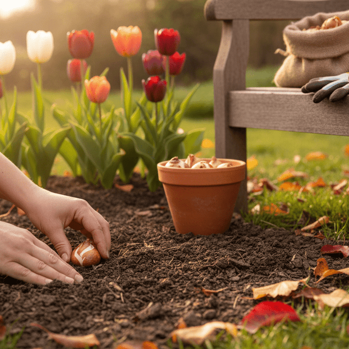Hands planting tulip bulbs in autumn soil for fall planting tulips in a colorful backyard garden