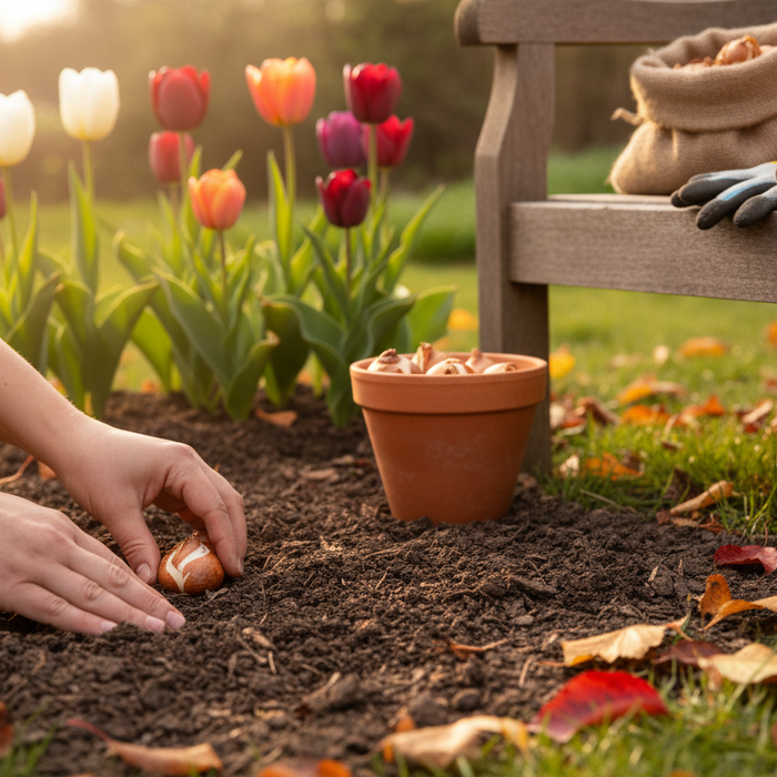 Hands planting tulip bulbs in autumn soil for fall planting tulips in a colorful backyard garden