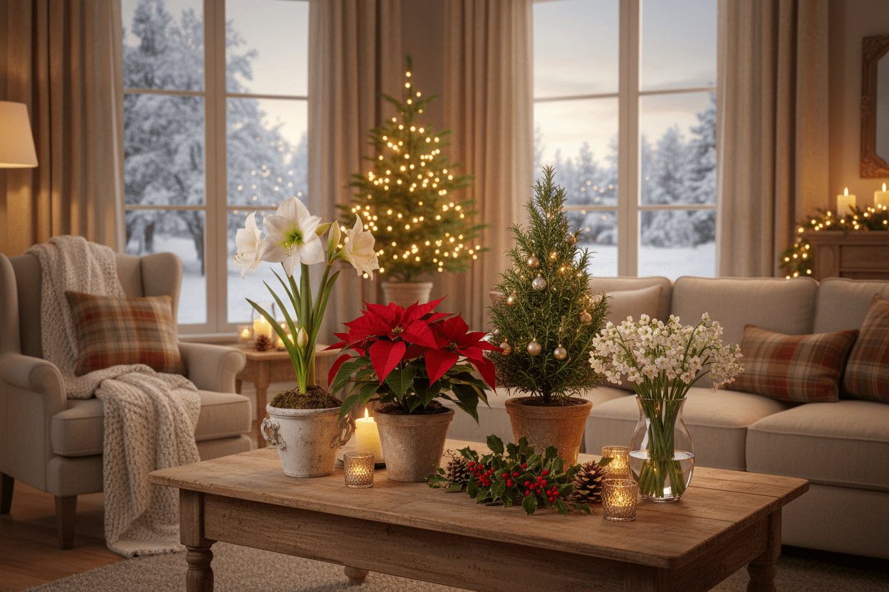 Cozy holiday season decor with potted plants and festive greenery for home gardeners and backyard spaces