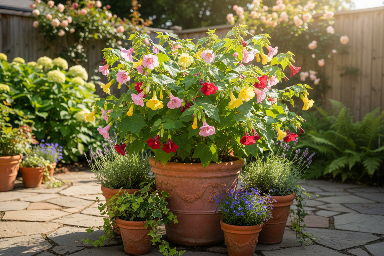 Colorful flowering maple in a patio garden highlights flowering maple care tips for home gardeners