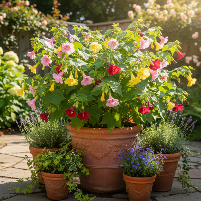 Colorful flowering maple in a patio garden highlights flowering maple care tips for home gardeners