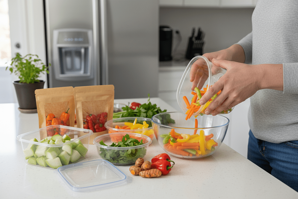 Fresh ready to used vegetable sticks being prepared for healthy home and garden meal ideas