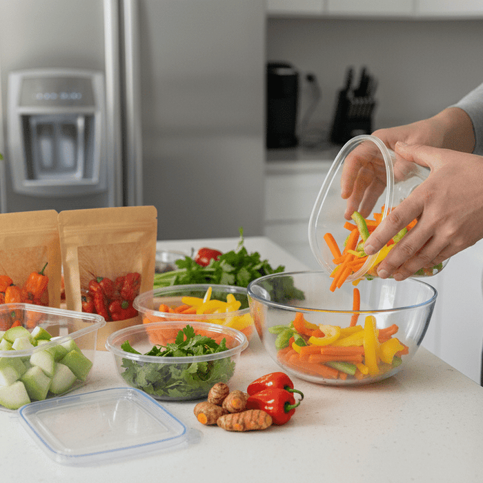 Fresh ready to used vegetable sticks being prepared for healthy home and garden meal ideas