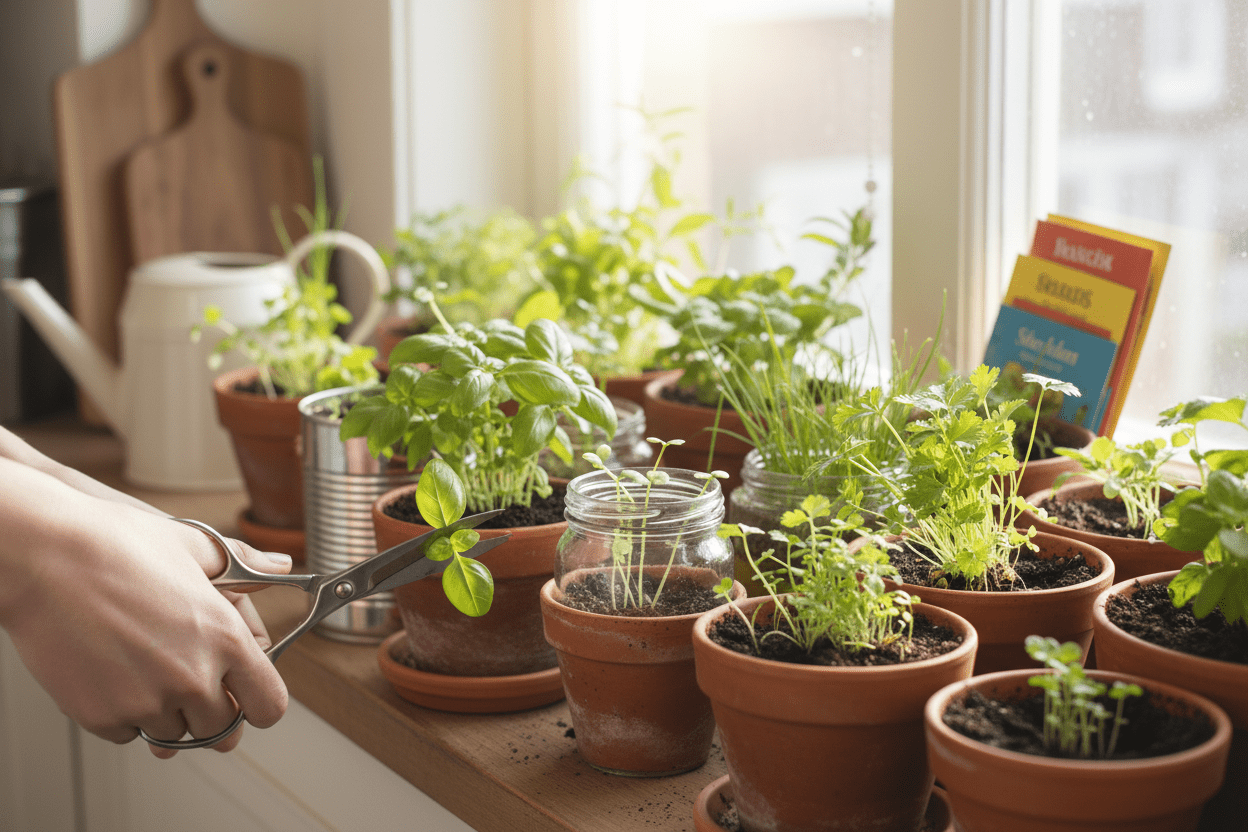 Growing herbs from seeds indoors on a sunny windowsill for fresh kitchen gardening inspiration
