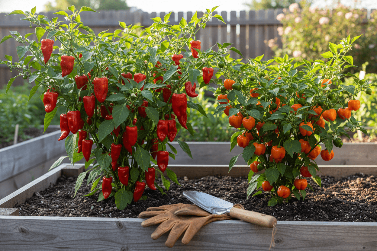 Growing exotic peppers at home in raised garden beds with fresh harvest and gardening tools