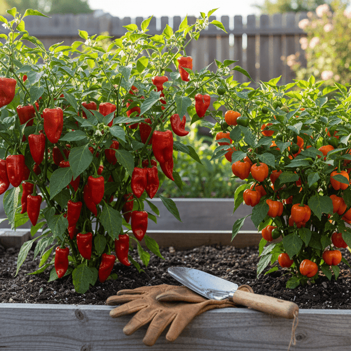 Growing exotic peppers at home in raised garden beds with fresh harvest and gardening tools