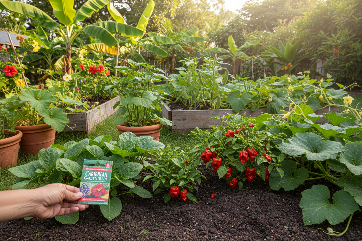 Lush backyard vegetable beds thriving with caribbean garden seed for home gardeners and growers