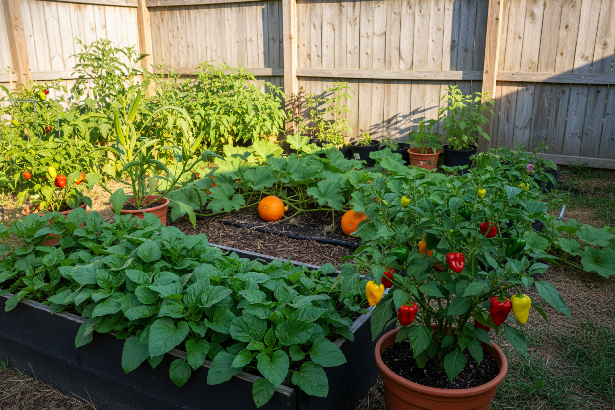 Lush backyard beds with vibrant vegetables grown from caribbean garden seeds for home gardeners and patio spaces