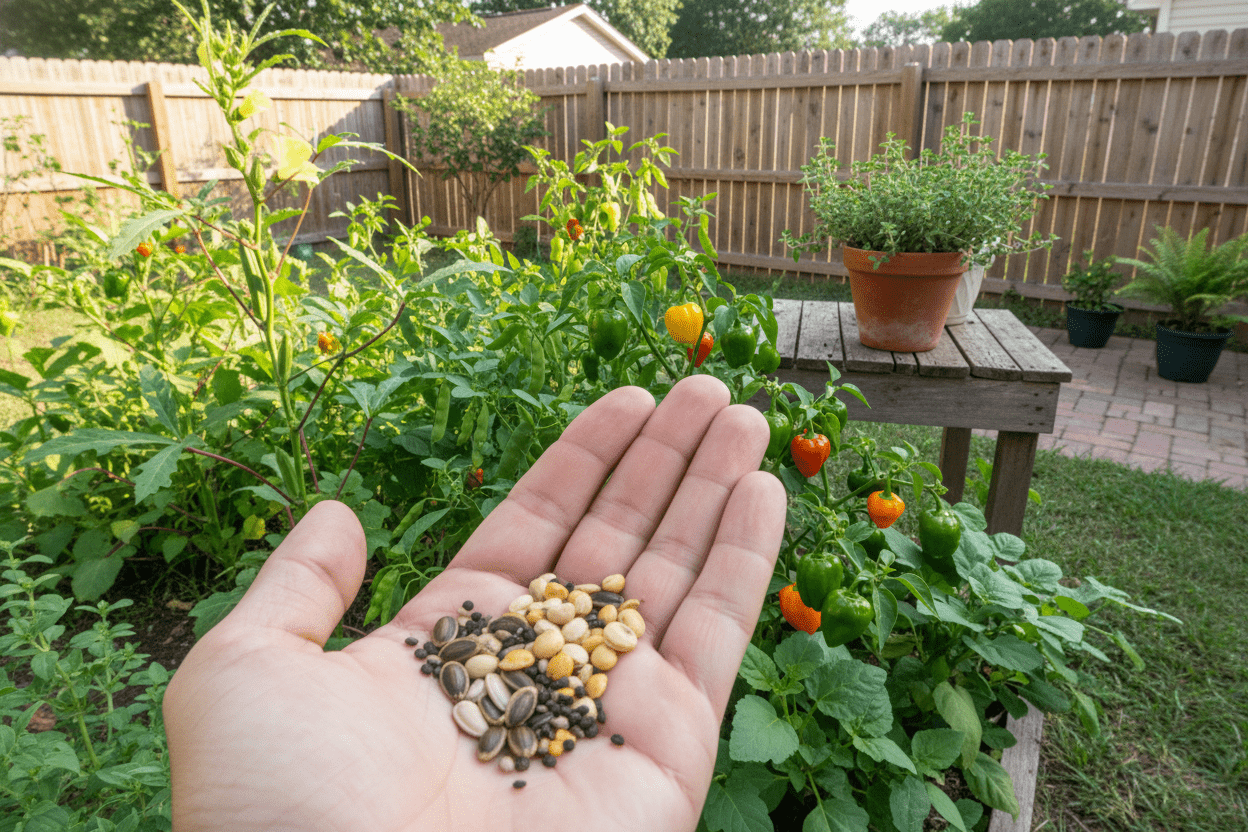 Caribbean seeds for home gardeners shown in a vibrant backyard garden with peppers and herbs