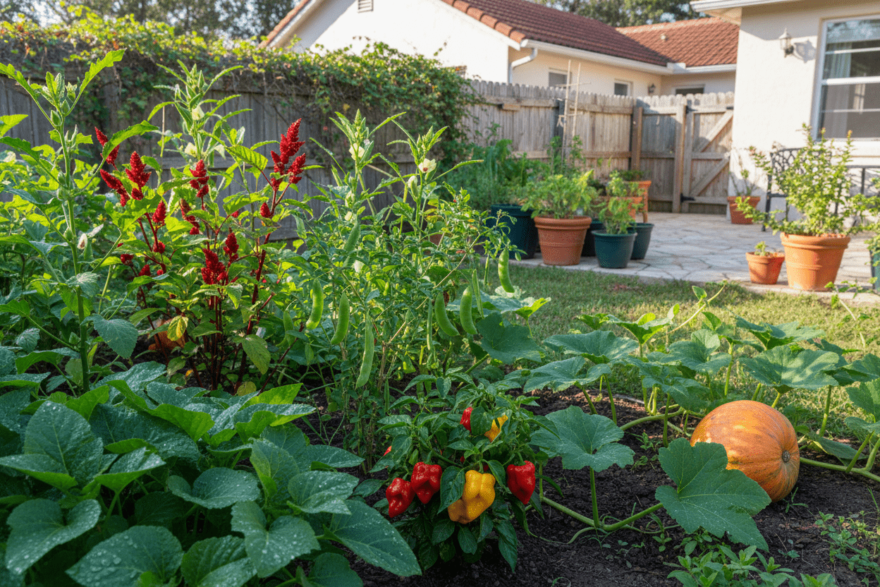 Lush backyard garden with vibrant vegetables and herbs grown from Caribbean seeds for home gardeners