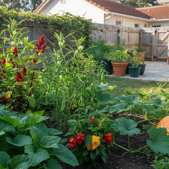 Lush backyard garden with vibrant vegetables and herbs grown from Caribbean seeds for home gardeners