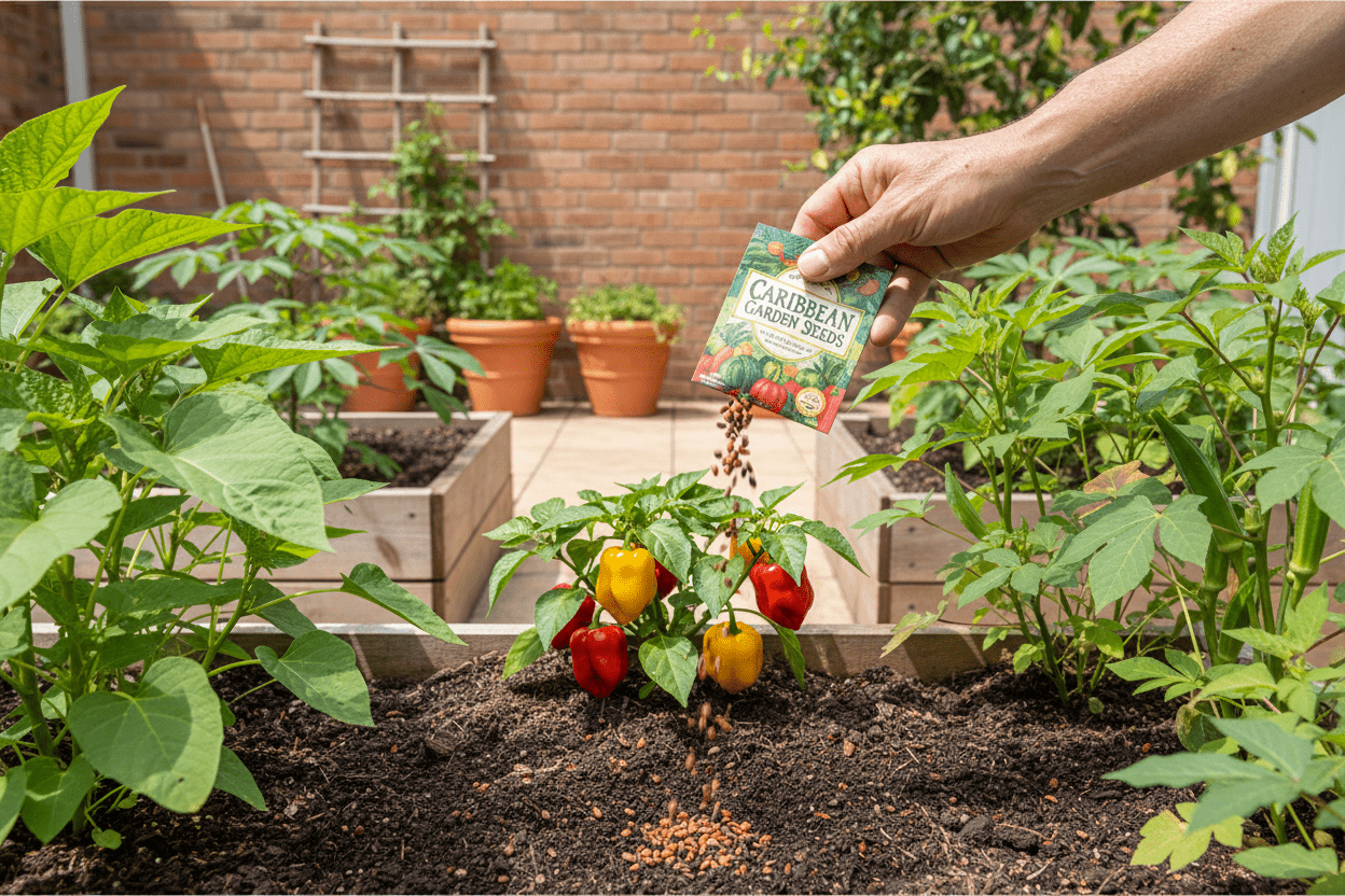 Caribbean garden seed being planted in a vibrant backyard vegetable bed for home gardening inspiration