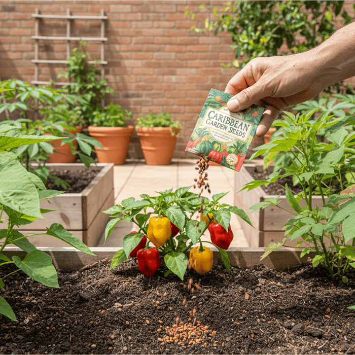 Caribbean garden seed being planted in a vibrant backyard vegetable bed for home gardening inspiration