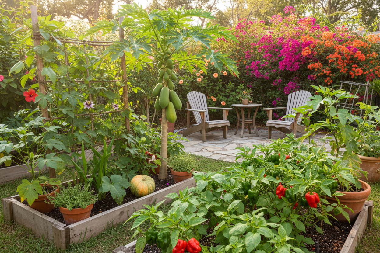 Lush backyard garden with vibrant plants grown from Caribbean seeds, perfect for home gardeners and patio spaces