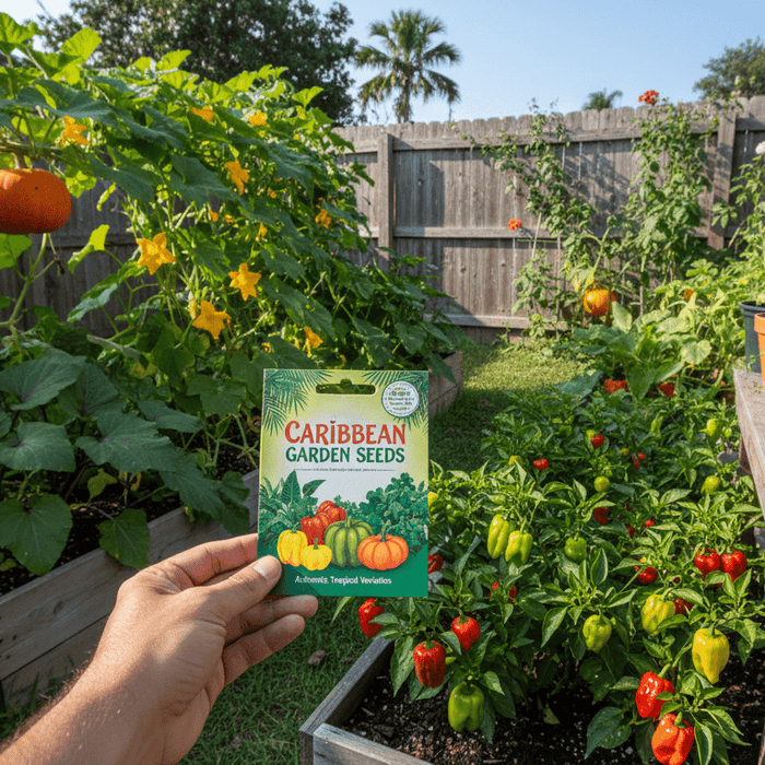 Caribbean garden seeds for vibrant backyard gardens with peppers, pumpkins, and tropical vegetables