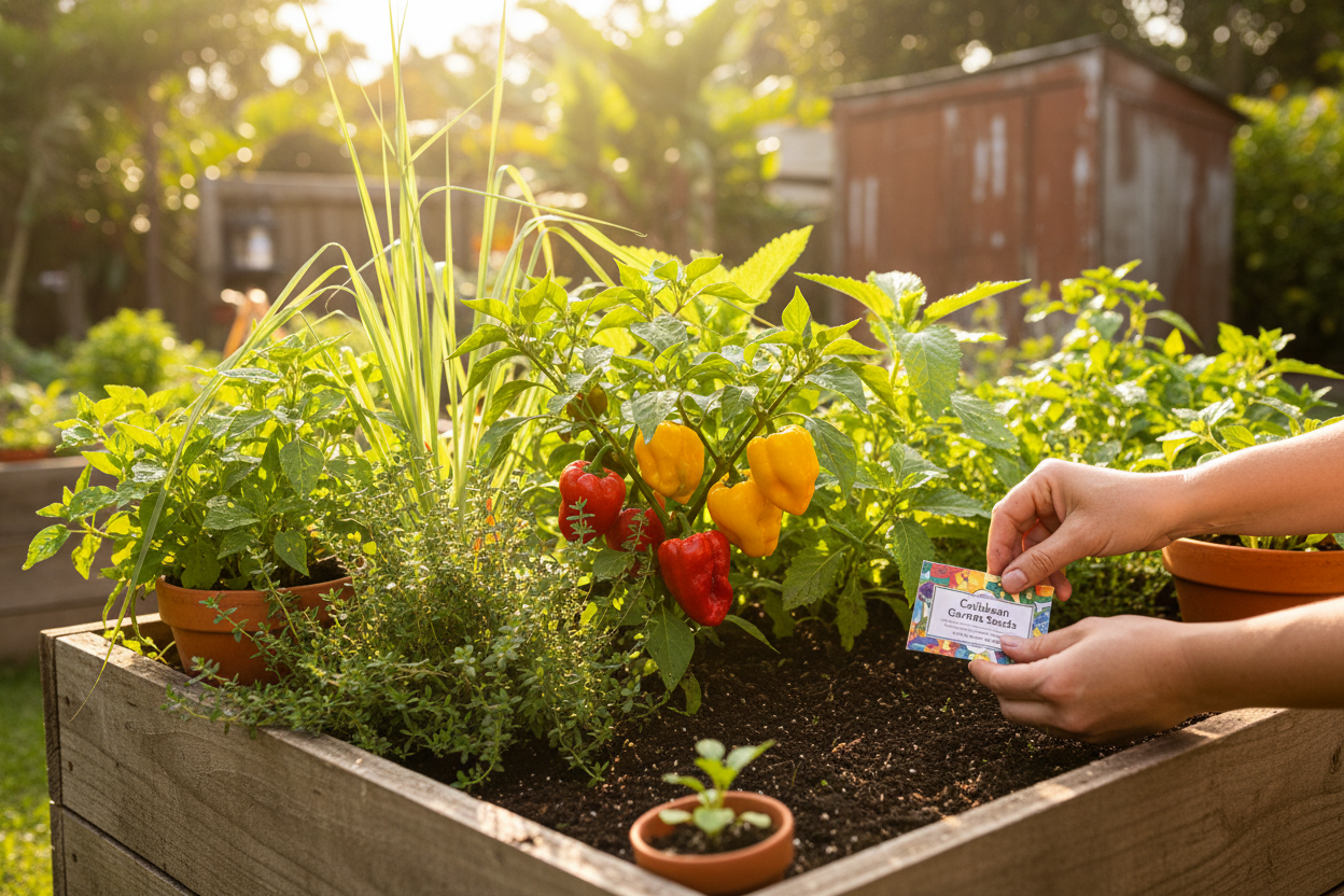 Raised bed with vibrant peppers and herbs grown from caribbean garden seeds in a sunny backyard garden