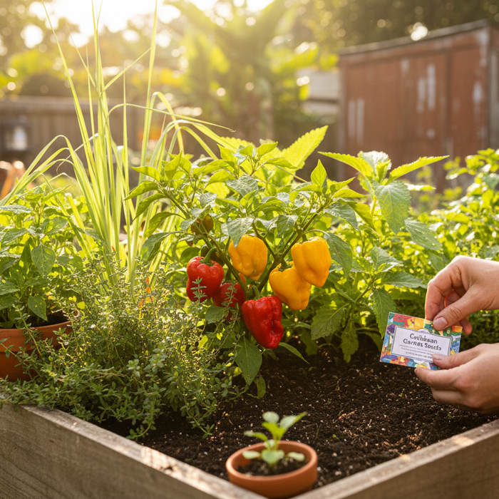Raised bed with vibrant peppers and herbs grown from caribbean garden seeds in a sunny backyard garden