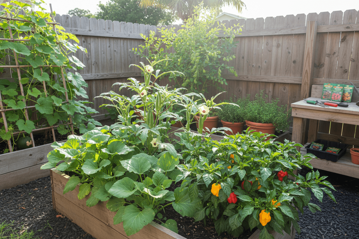 Thriving backyard raised bed with peppers and herbs grown from caribbean garden seeds for home gardeners