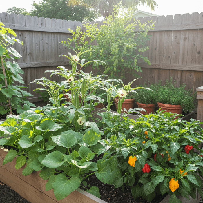Thriving backyard raised bed with peppers and herbs grown from caribbean garden seeds for home gardeners
