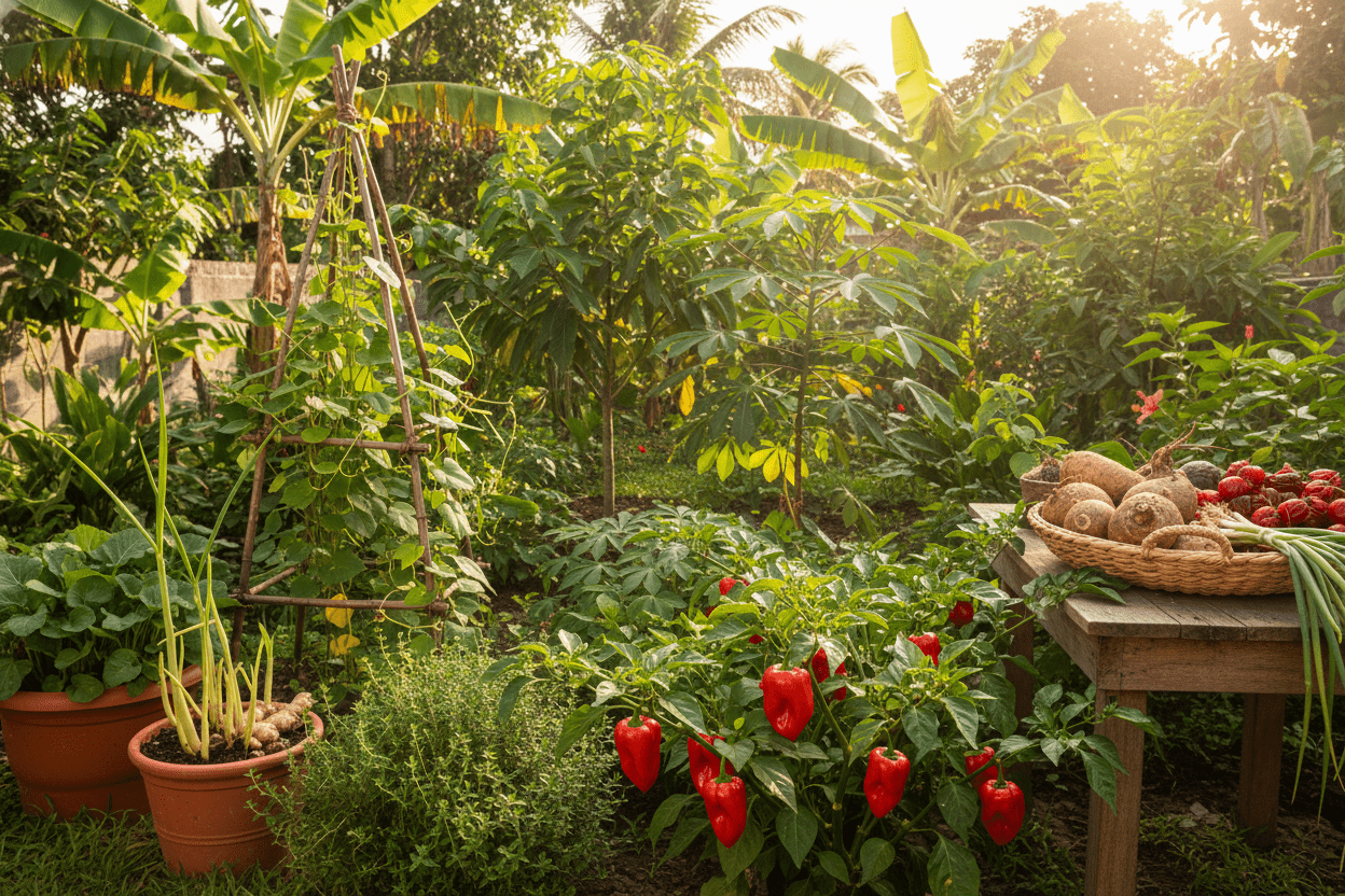 Freshly harvested jamaican caribbean ingredients in a lush backyard garden with peppers, yams, and tropical plants