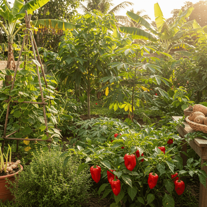 Freshly harvested jamaican caribbean ingredients in a lush backyard garden with peppers, yams, and tropical plants