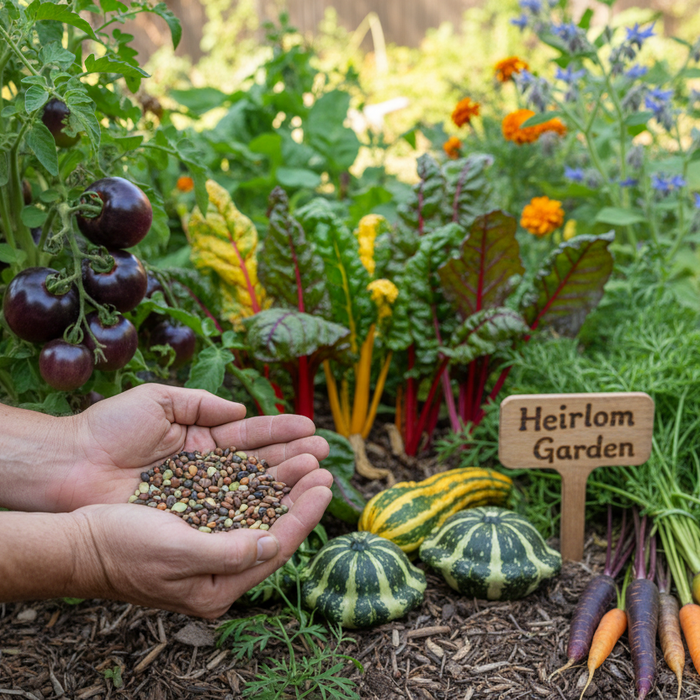 Hands holding seeds in a vibrant backyard plot for a growing heirloom vegetables guide and garden inspiration