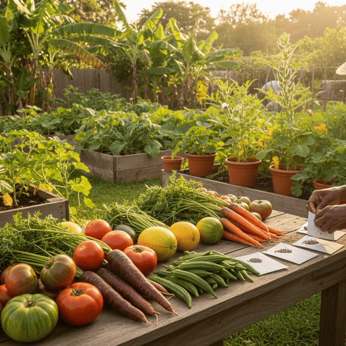 Freshly harvested vegetables and seed packets in a backyard garden for a growing heirloom vegetables guide