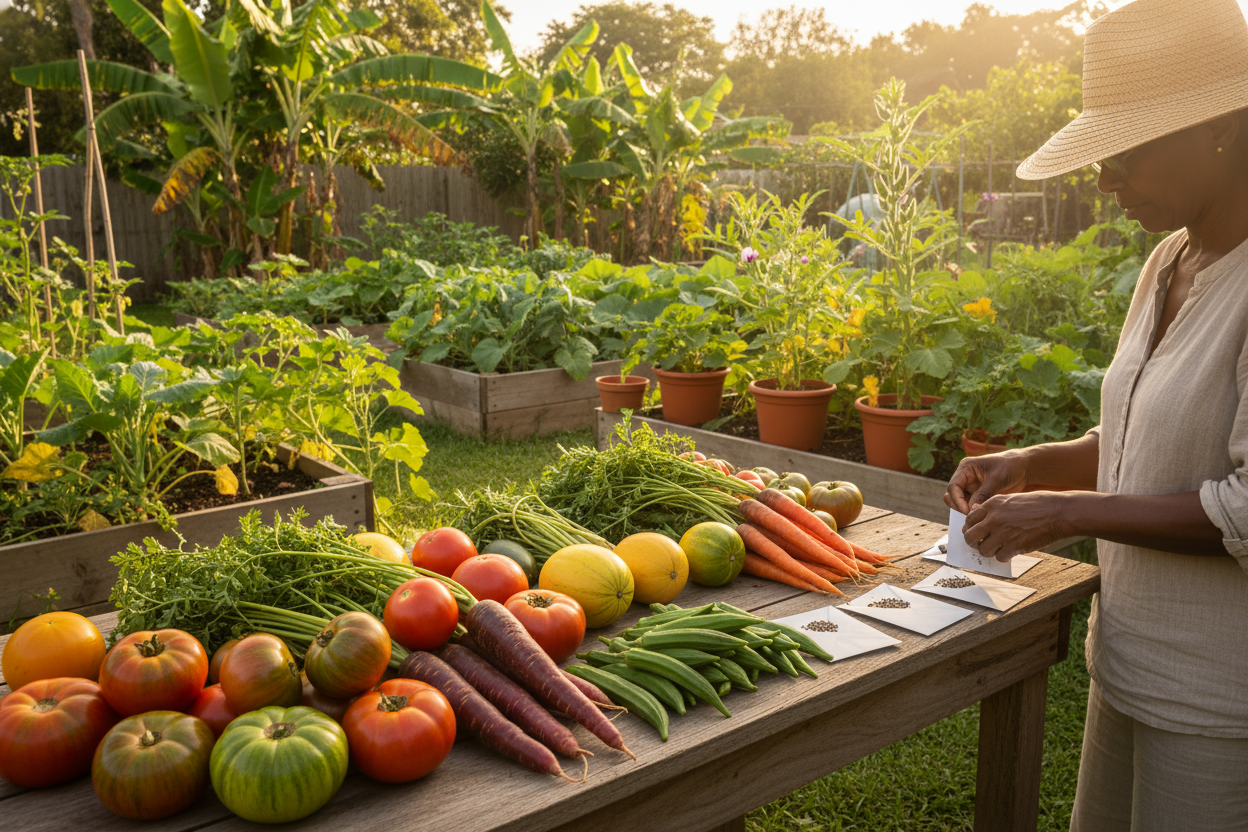 Freshly harvested vegetables and seed packets in a backyard garden for a growing heirloom vegetables guide