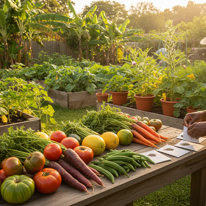 Freshly harvested vegetables and seed packets in a backyard garden for a growing heirloom vegetables guide