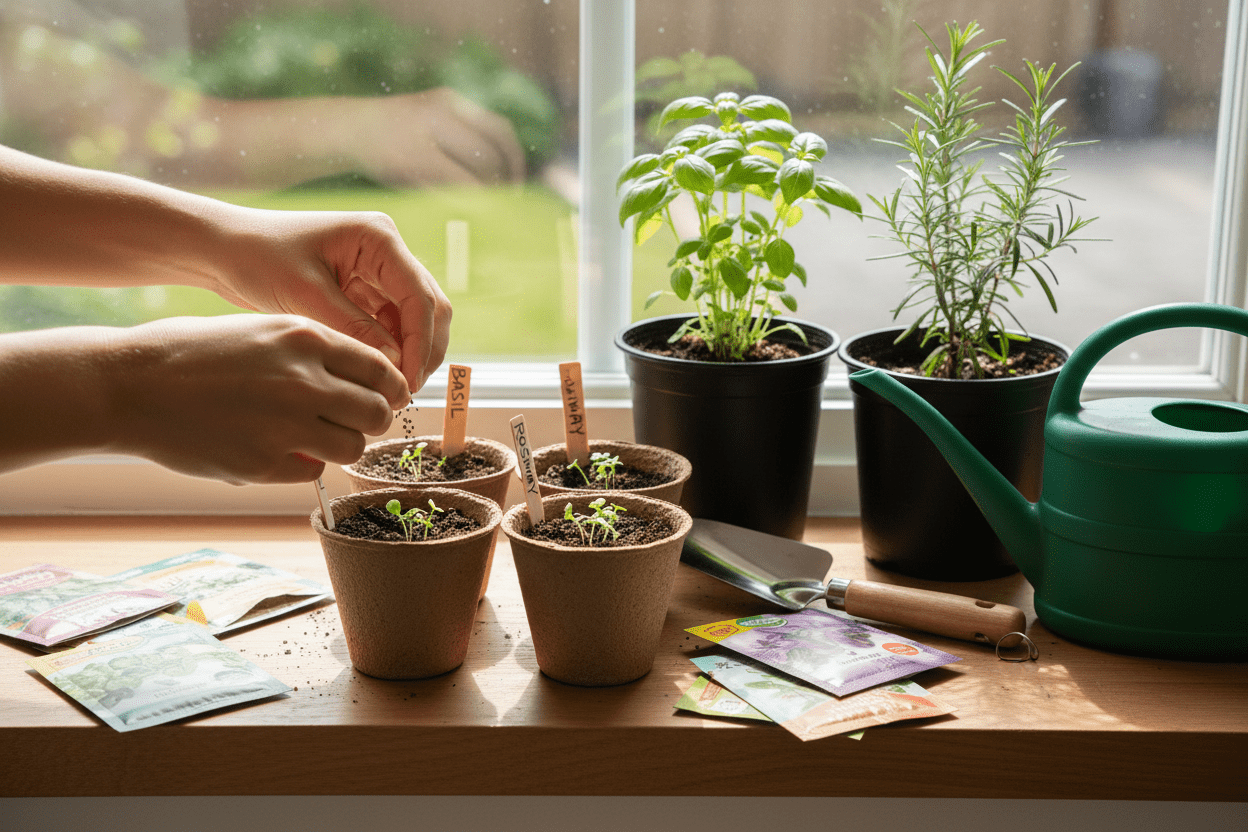 Hands growing herbs from seeds indoors in small pots by a sunny window, perfect for home gardeners