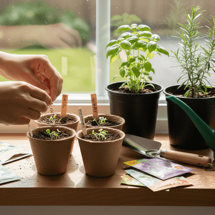 Hands growing herbs from seeds indoors in small pots by a sunny window, perfect for home gardeners