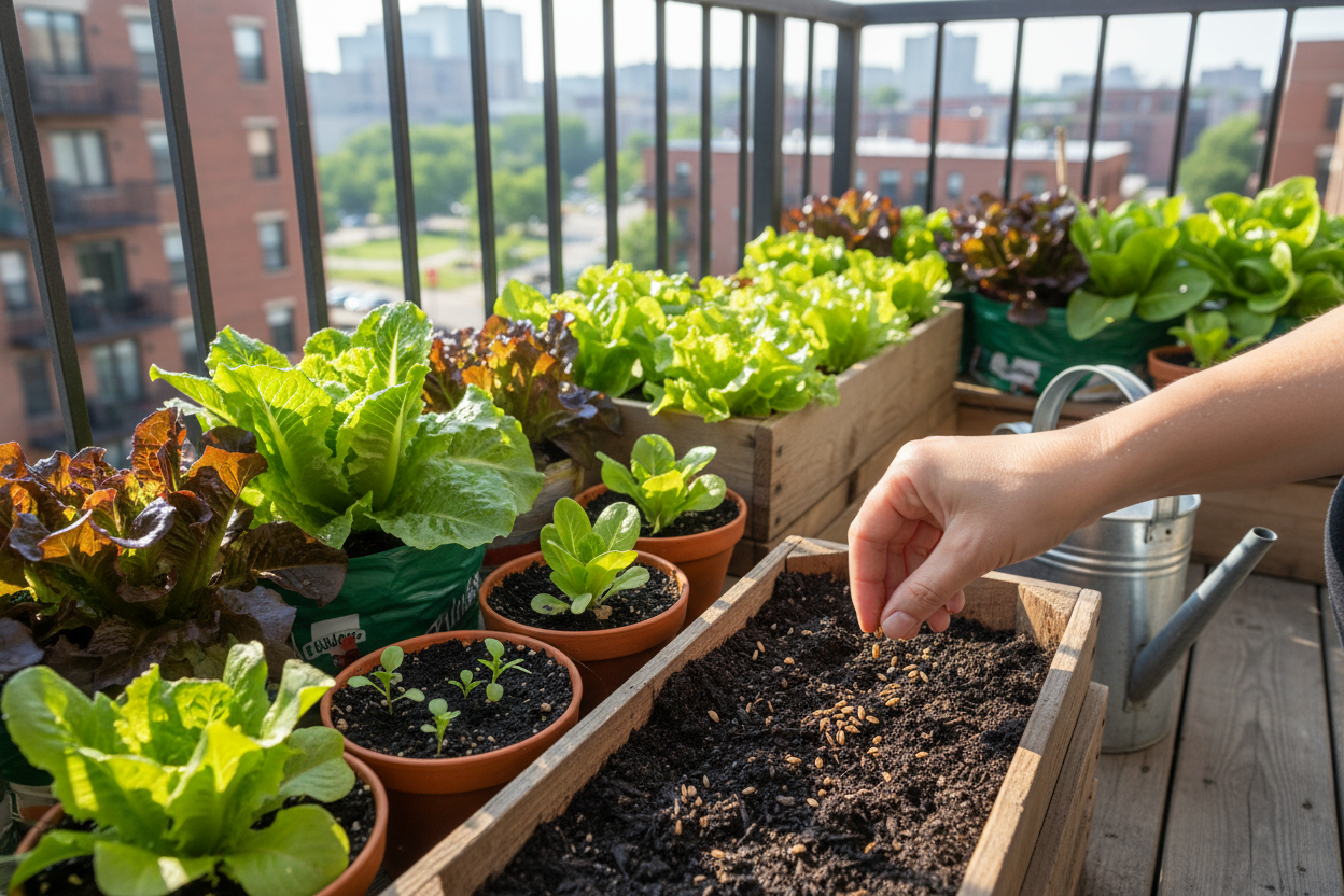 Planting lettuce seeds in a sunny patio garden box for fresh homegrown greens