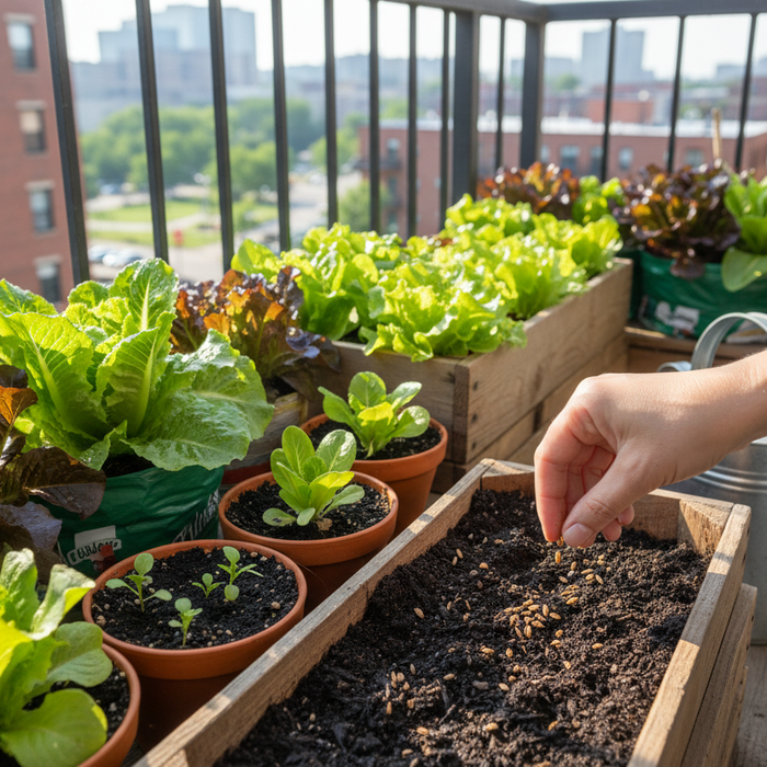 Planting lettuce seeds in a sunny patio garden box for fresh homegrown greens