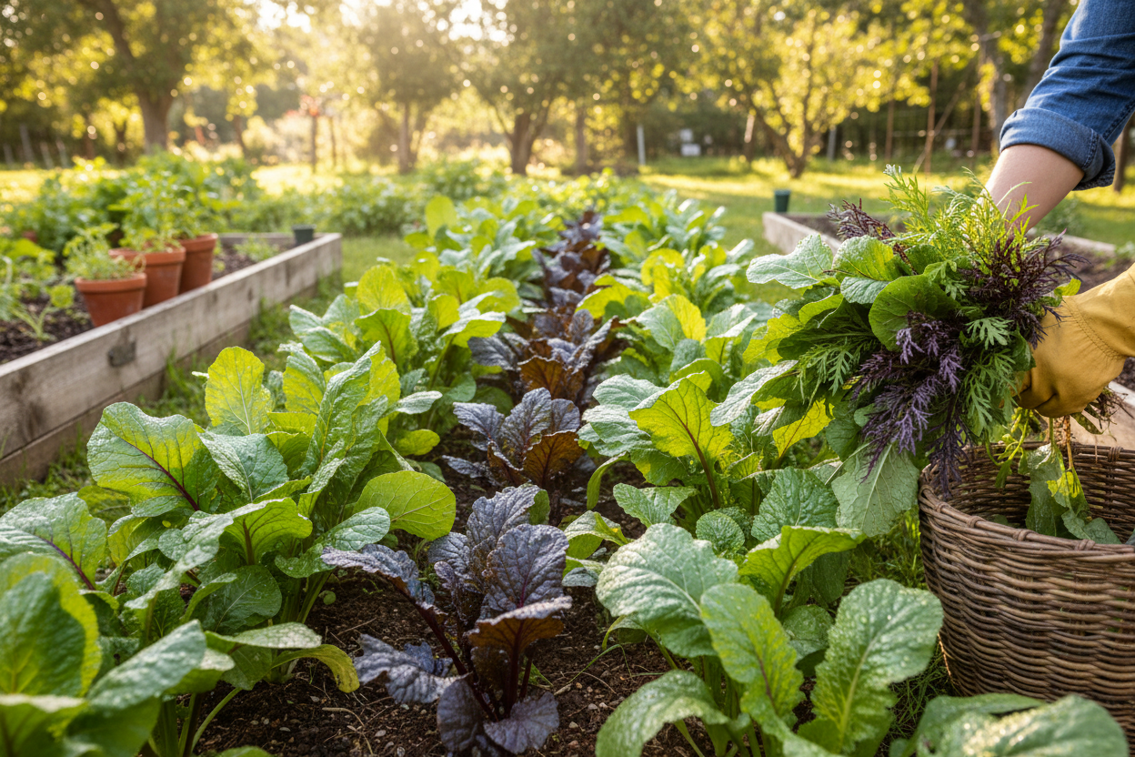 Harvesting fresh mustard greens in a backyard garden, tips for growing mustard greens at home
