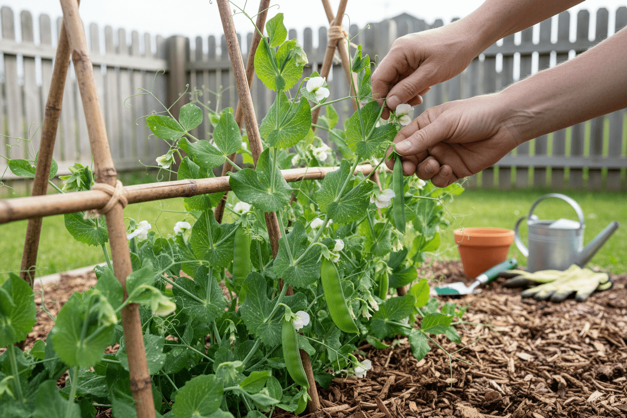 Hands tending organic shelling peas growing on a backyard trellis, perfect for home gardeners and patio growers