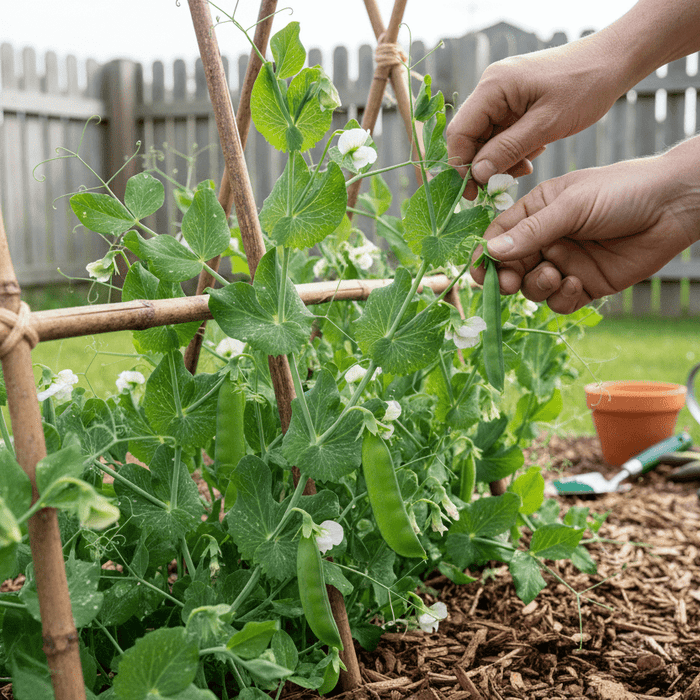 Hands tending organic shelling peas growing on a backyard trellis, perfect for home gardeners and patio growers