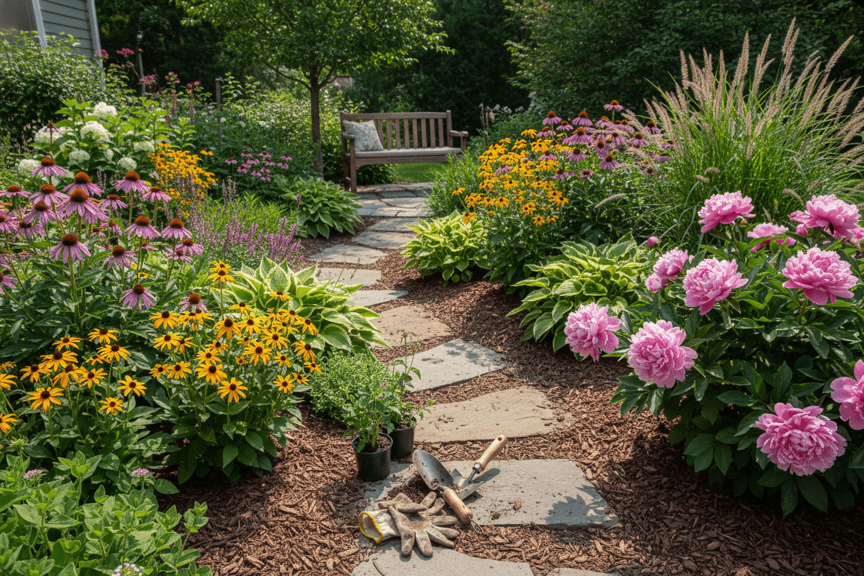 Lush backyard garden pathway with tools and vibrant blooms for growing perennial flowers at home