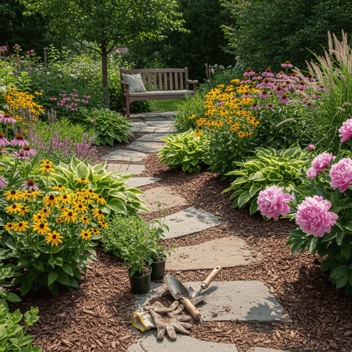 Lush backyard garden pathway with tools and vibrant blooms for growing perennial flowers at home