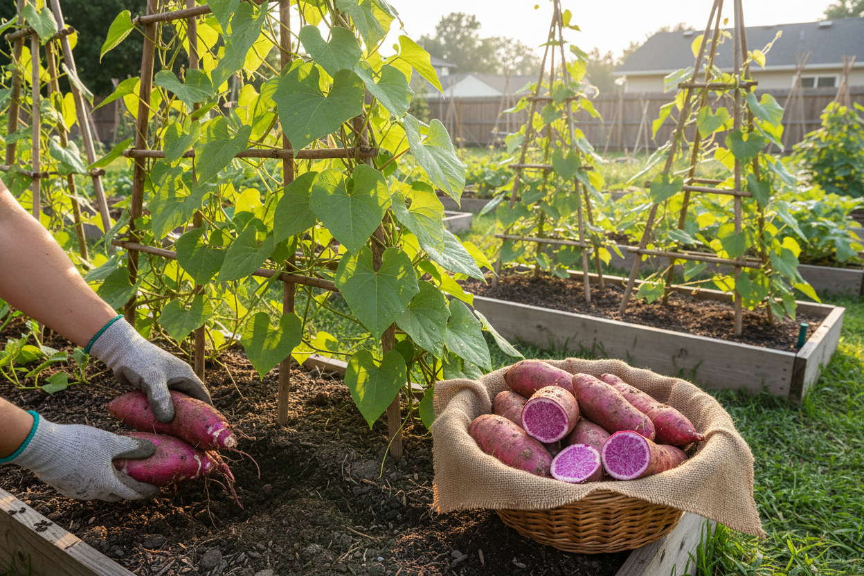 Freshly harvested purple yams in a backyard garden, showcasing successful purple yam cultivation for home growers