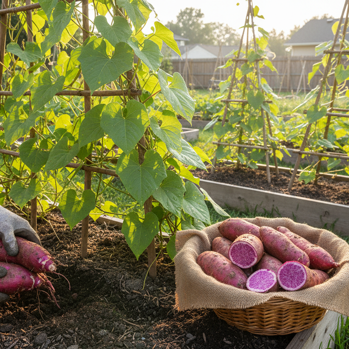 Freshly harvested purple yams in a backyard garden, showcasing successful purple yam cultivation for home growers