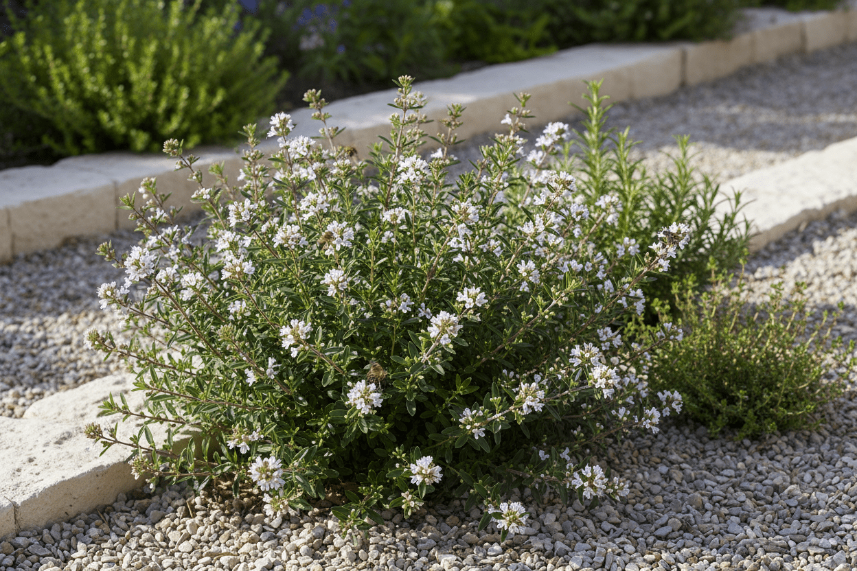 Satureja montana citriodora with delicate white flowers thriving in a sunny home garden border