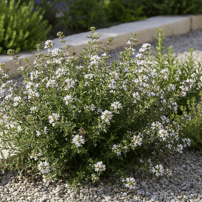 Satureja montana citriodora with delicate white flowers thriving in a sunny home garden border