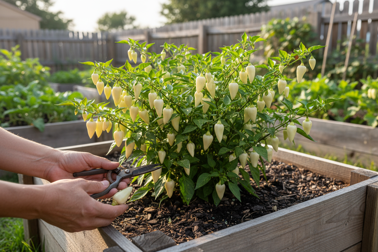 White biquinho pepper growing in a raised garden bed with fresh harvest tips for home gardeners