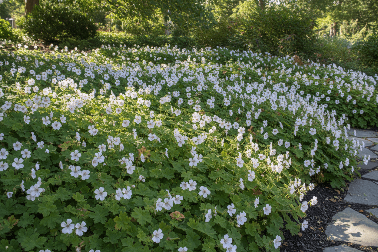 Hardy geranium ground cover with abundant pink blooms creates lush, low-maintenance beauty for home gardens