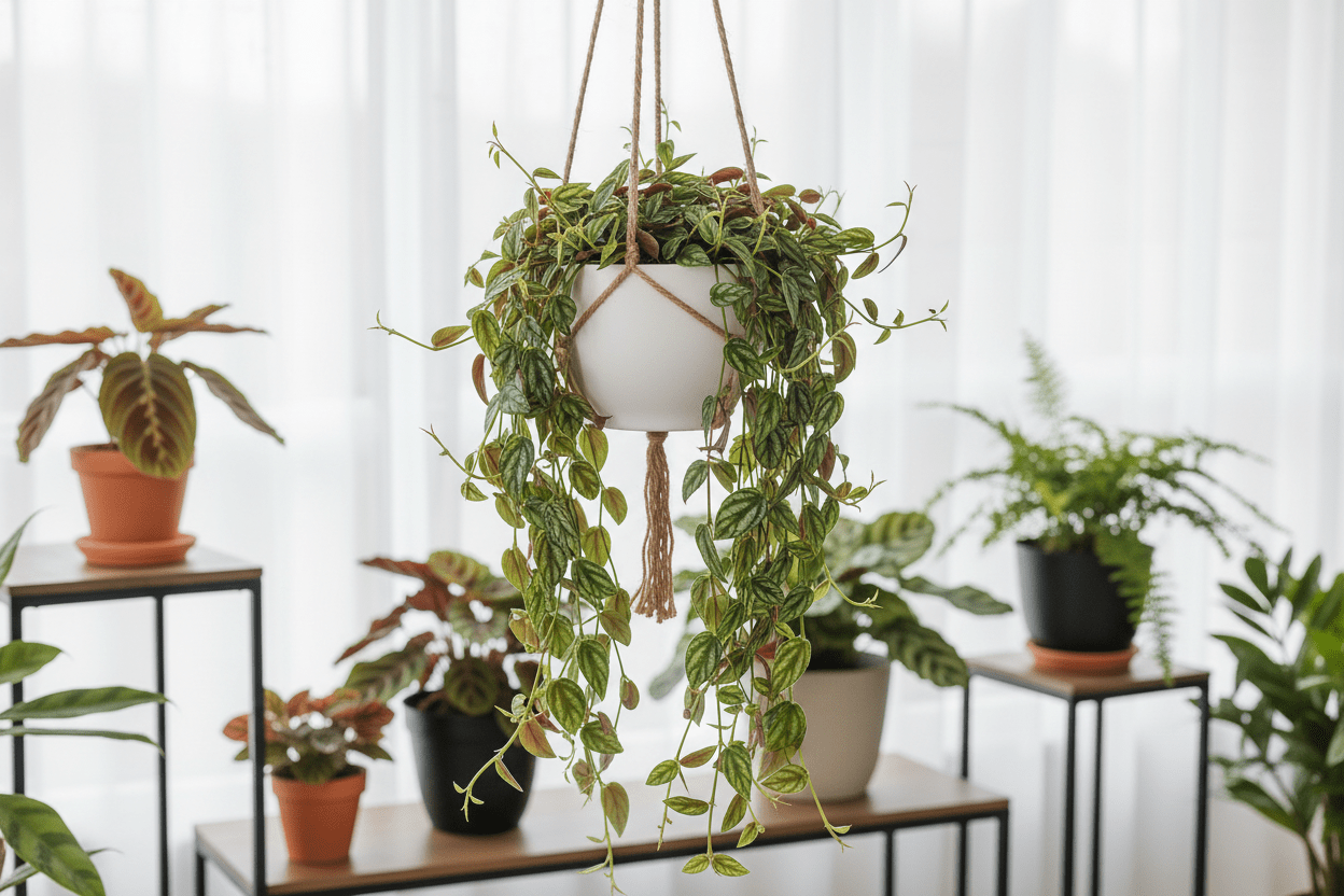 Trailing watermelon begonia care tips for healthy hanging houseplants in a bright indoor garden setting